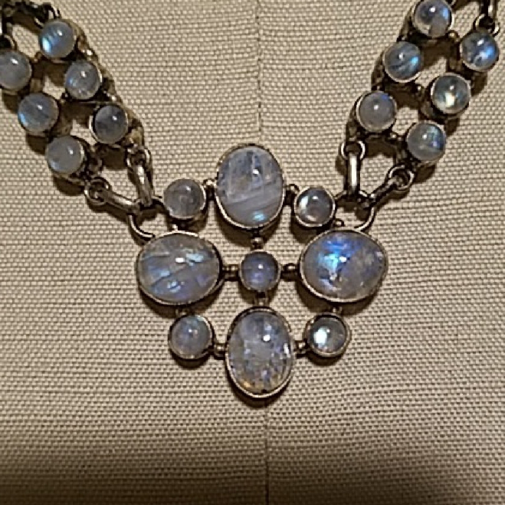 Rainbow Moonstone and Sterling Silver Bib Necklace with Vintage Floral Design